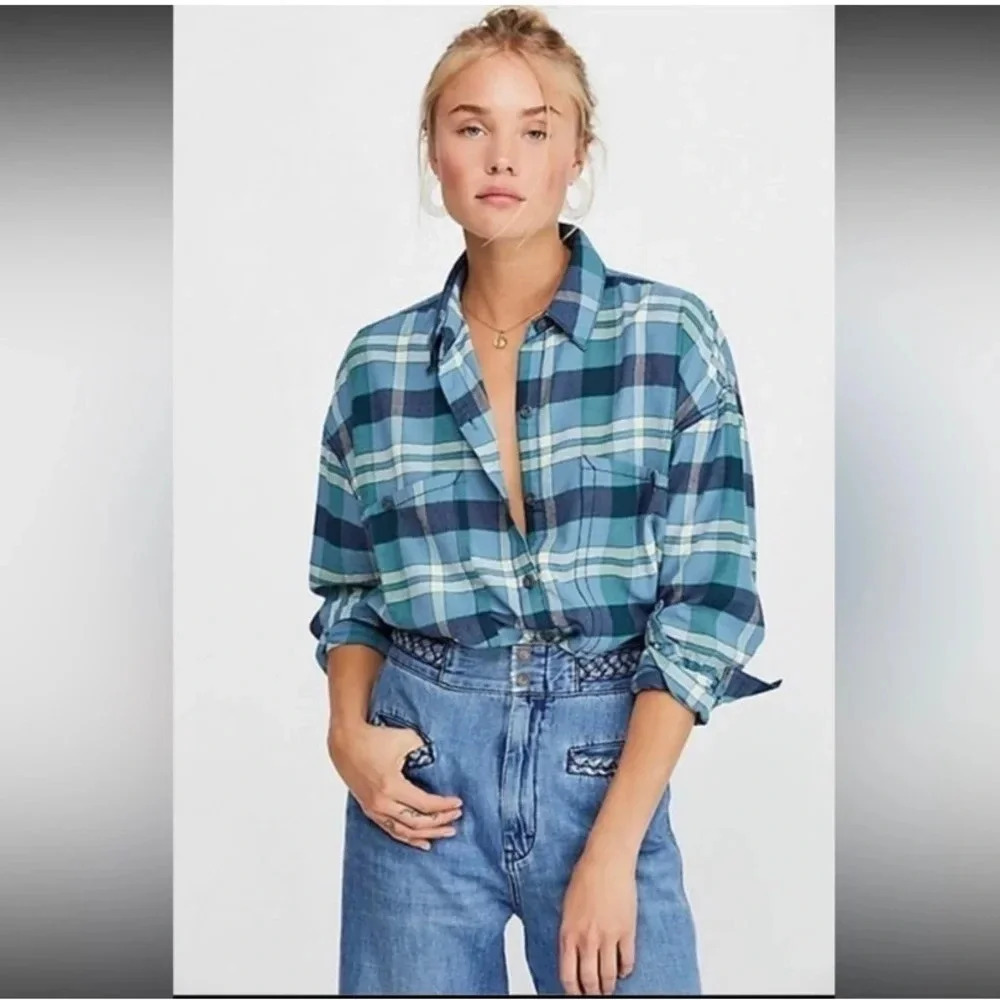 Free People Loveland Blue Plaid Button Up Long Sleeve Shirt frayed hem Size S